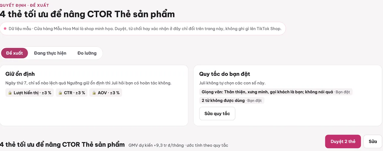 Đầu trang Quyết định: tiêu đề 4 thẻ tối ưu để nâng CTOR Thẻ sản phẩm, ô Giữ ổn định với ngưỡng Lượt hiển thị, CTR và AOV cộng trừ 3 %, ô Quy tắc do bạn đặt với giọng văn và từ không được dùng (dữ liệu mẫu)
