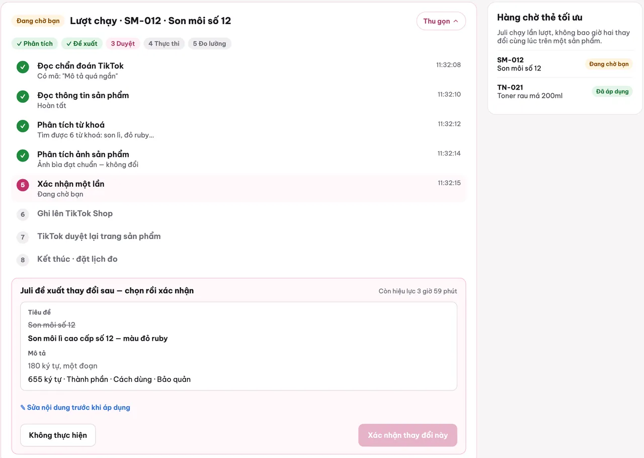 Lượt chạy cho Son môi số 12 đang chờ người bán: các bước đọc chẩn đoán TikTok, đọc thông tin sản phẩm, phân tích từ khoá, phân tích ảnh đã xong, bước xác nhận một lần đang chờ, hộp Juli đề xuất thay đổi sau với tiêu đề cũ và mới, mô tả cũ và mới, nút Không thực hiện và Xác nhận thay đổi này, thời gian còn hiệu lực (dữ liệu mẫu)