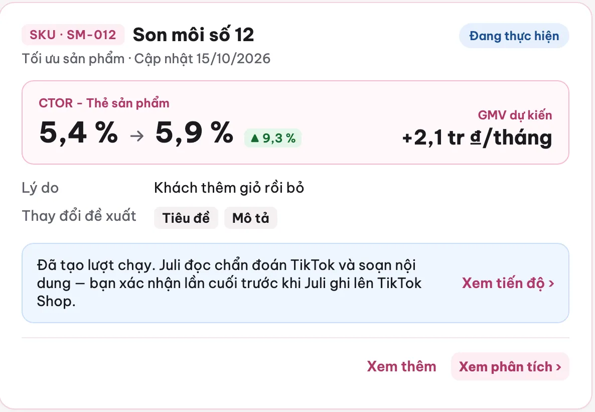 Thẻ đề xuất Son môi số 12 sau khi bấm Duyệt: trạng thái Đang thực hiện, thông báo Juli đã tạo lượt chạy, đọc chẩn đoán TikTok và soạn nội dung, bạn xác nhận lần cuối trước khi Juli ghi lên TikTok Shop (dữ liệu mẫu)
